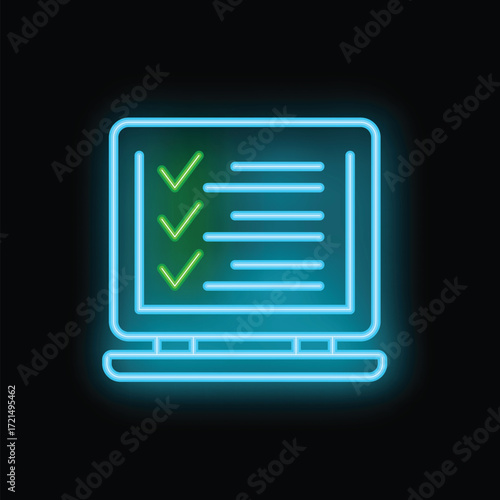 Neon icon of a laptop displaying a checklist with green check marks, on a black background