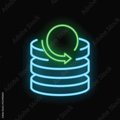 Neon sign representing data backup, with glowing blue disks and a green refresh arrow, perfect for illustrating concepts like cloud storage and information processing
