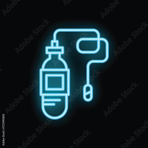 Neon blue icon of an iv intravenous therapy drip glowing on a black background