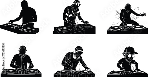 DJ mixing music, disc jockey performance, nightclub party entertainment, electronic dance beats, music festival DJ, turntable artist illustration, sound mixing show