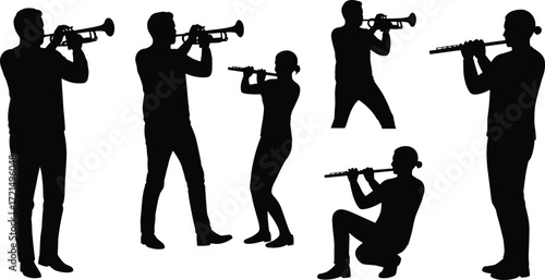 Musician silhouette playing trumpet and flute, jazz performance, classical orchestra practice, live concert illustration, musical instrument art, stage entertainment design