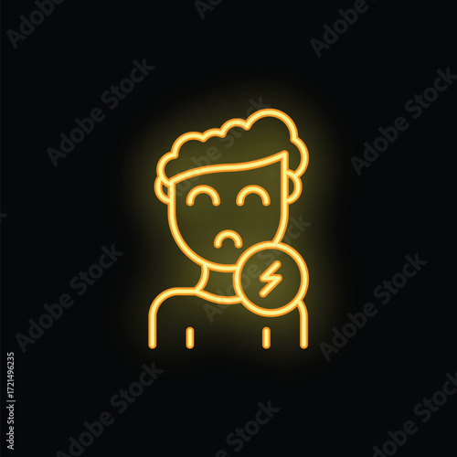 Yellow neon icon of a man with toothache pain, isolated on black background