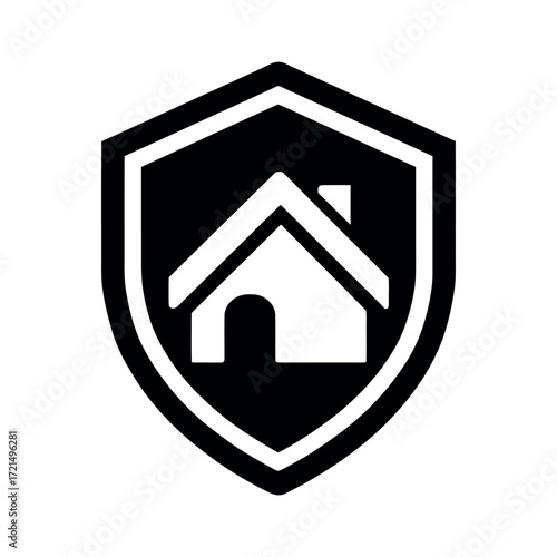 A black and white shield with a house inside representing home security and protection concept design