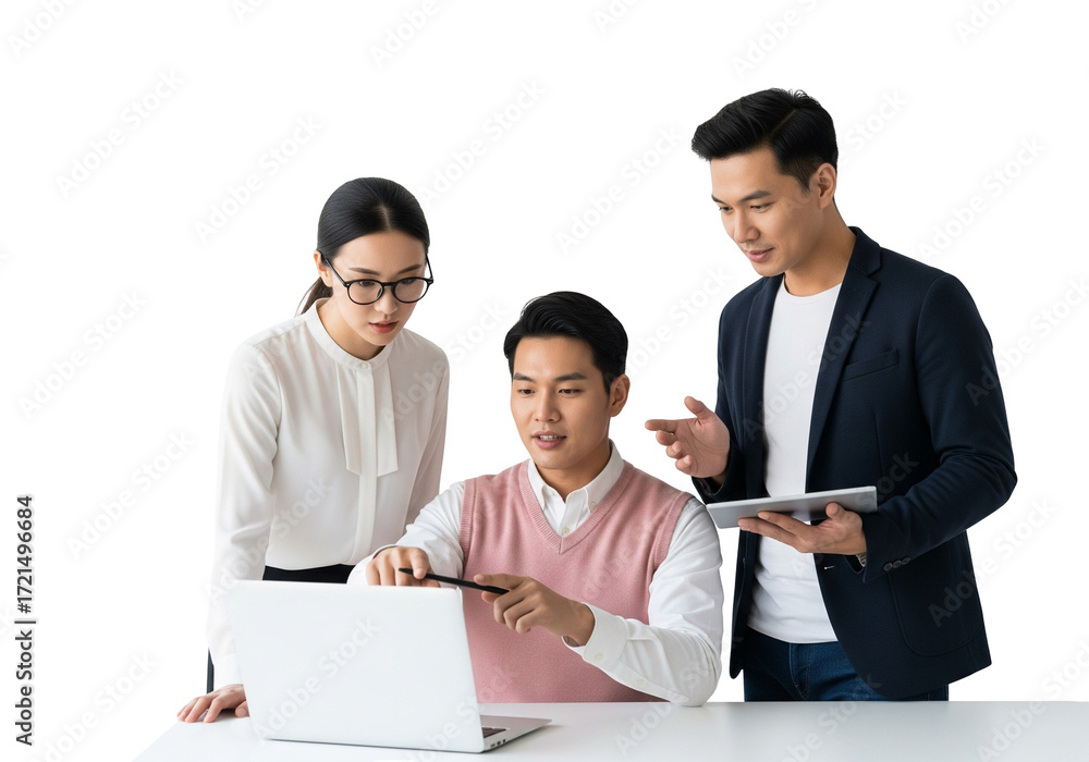 Fototapeta premium Collaborative Team Working Around Laptop in Professional Setting on White Background