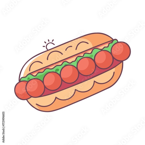 Illustration of a meatball sub sandwich with lettuce on a white background