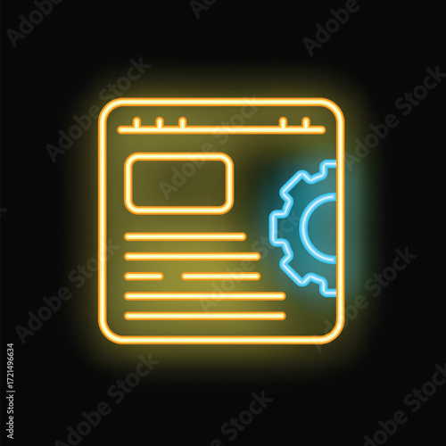 Yellow neon icon of website being optimized with blue gear on right side on black background