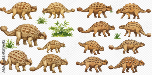 A collection of illustrated Ankylosaurus dinosaurs in various poses, featuring armored bodies, clubbed tails, and small green plants.