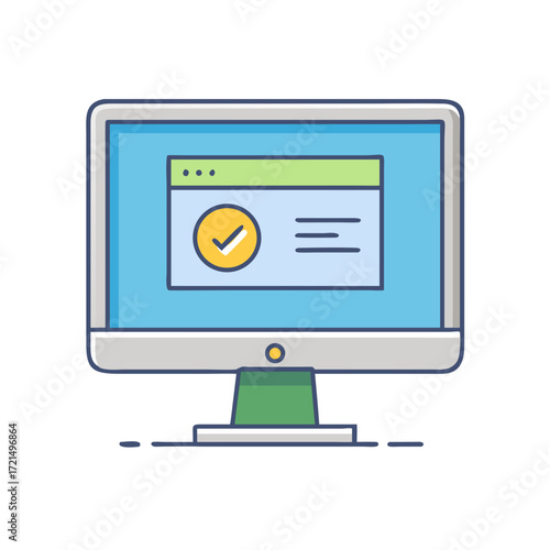 Desktop computer displaying a web page with a checkmark and hamburger menu