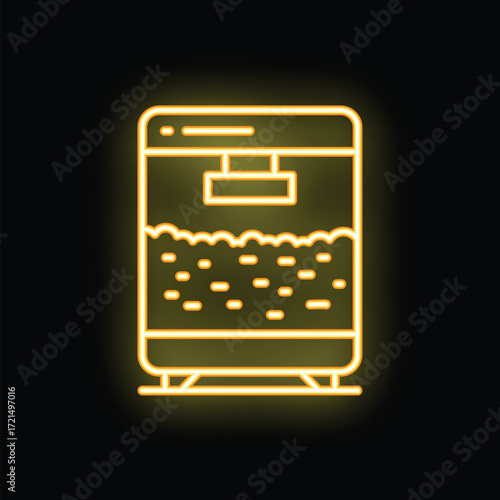 Bright yellow neon icon of a dishwasher with clean dishes inside, set against a black background