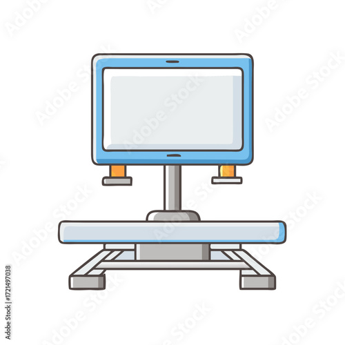 Cartoon style computer monitor with blue frame and pedestal base