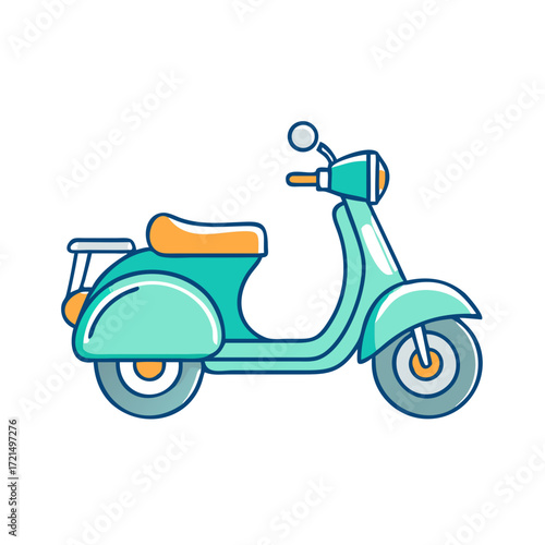 Retro teal scooter with orange seat and details, illustration, isolated