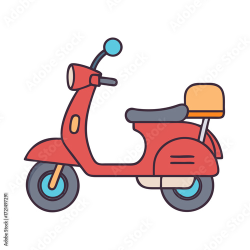 Stylized Vintage Red Scooter with Blue Accents Illustration Isolated on White