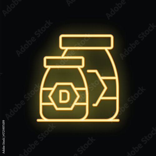 Yellow glowing neon line icon representing a jar of vitamin d, often used for bone health