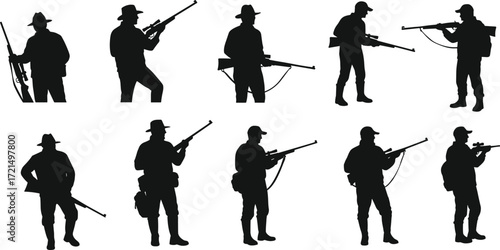 Silhouette hunters with rifles, armed men outdoors, wild hunting activity, forest survival lifestyle, camouflage sportsmen, weapon silhouettes, outdoor adventure scene