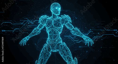 Futuristic Robot Wireframe Holographic Illustration