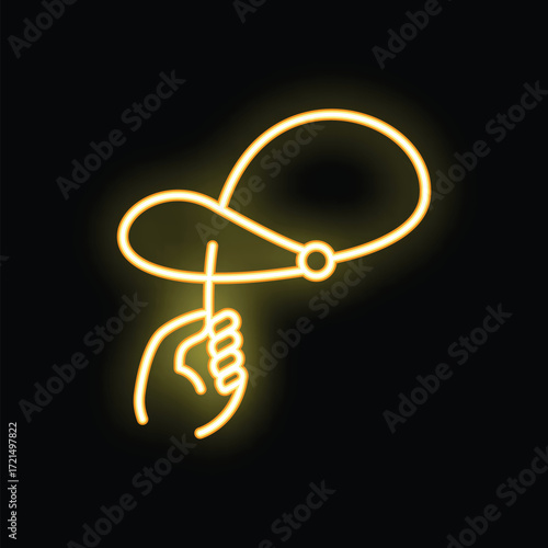 Neon sign icon of a hand holding a magic wand with a floating hat