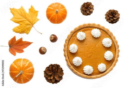 Autumnal arrangement featuring pumpkin pie leaves pumpkins pine cones and hazelnuts on black background