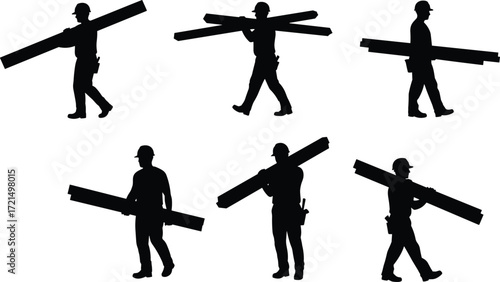 Silhouette construction workers carrying heavy beams, industrial labor man, contractor with safety helmet, building site workforce, structural steel load, hard hat job