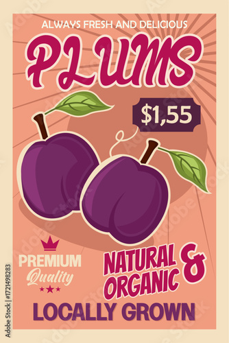 Fresh plum fruit vintage poster design from the farm