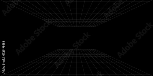 Empty futuristic digital box room grey-black background with white grid space line color surface. Network cyber technology. banner, cover, terrain, sci-fi, wireframe, and related to background.