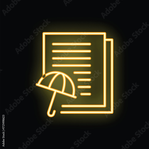 Glowing neon icon of an insurance policy with an umbrella protecting important documents