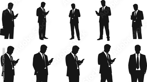 Silhouette of businessmen using smartphone, professional men in suits, corporate workers, mobile communication, office lifestyle, technology, digital connection