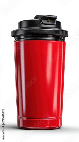 Wallpaper Mural Studio shot of a red travel mug with a black lid against a white background. The mug is cylindrical and appears to be made of metal or plastic. Torontodigital.ca