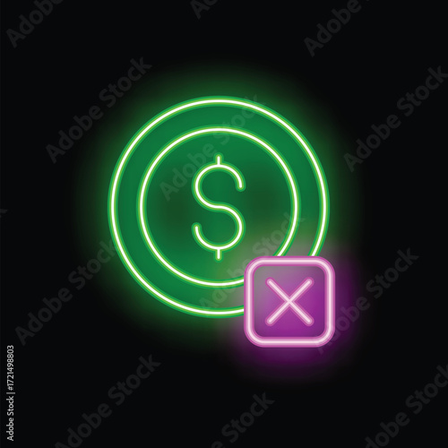 Neon style no money allowed symbol with dollar sign on black background