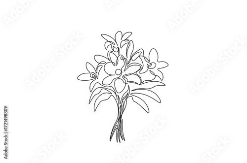 Flower bouquet in continuous one line drawing. Single line art illustration of romantic flower bouquet. Editable vector.