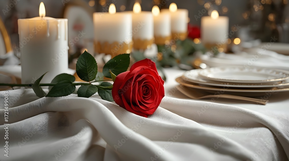 Obraz premium A romantic 3D table setting with elegant candles and a red rose.
