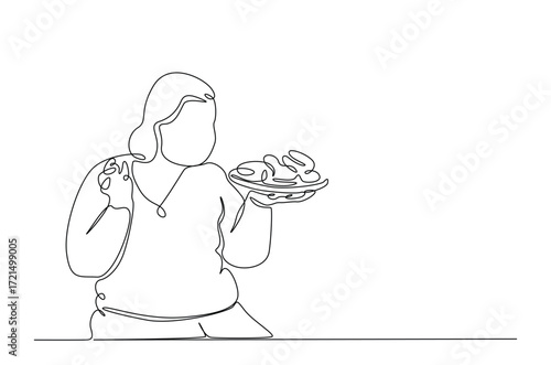 obese woman eating food in continuous one line drawing. Single line art illustration of overweight woman eating junk food, obesity concept. Editable vector.