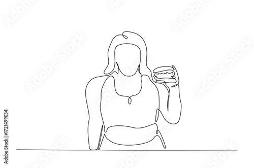 obese woman eating food in continuous one line drawing. Single line art illustration of overweight woman eating junk food, obesity concept. Editable vector.