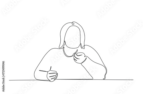obese woman eating food in continuous one line drawing. Single line art illustration of overweight woman eating junk food, obesity concept. Editable vector.