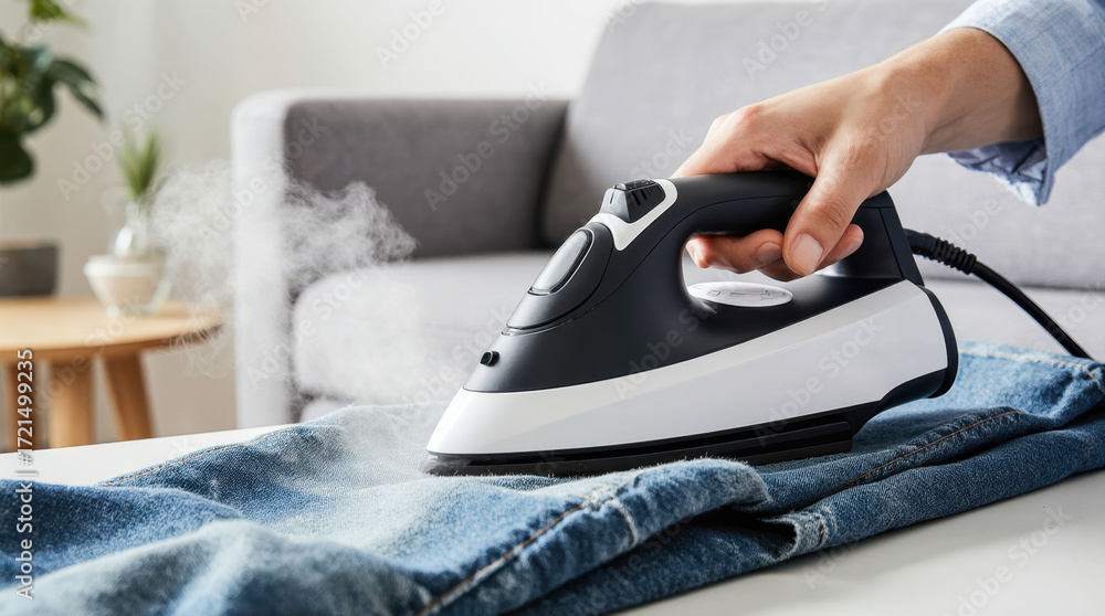 Fototapeta premium Using a modern steam iron on a denim garment.