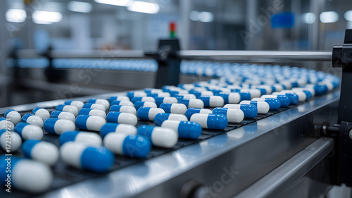 Precision manufacturing shows capsules on a conveyor belt, perfect for illustrating pharma innovation or healthcare advancements in a modern facility