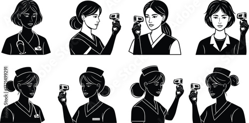 Silhouette of doctors and nurses holding thermometer, medical staff illustration, healthcare workers, hospital safety, health check, nursing service, medical support