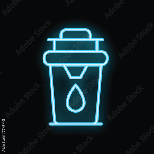 Neon blue water cooler icon glowing on black background