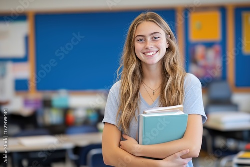 Portrait of a happy teenage girl holding books in her high school classroom