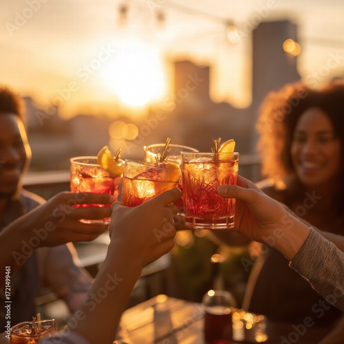 Friends Toasting with Negronis on Rooftop at Golden Hour, Glasses Glowing Against Sunset with City Skyline Bokeh, Authentic Joyful Moment with Cinematic Lighting