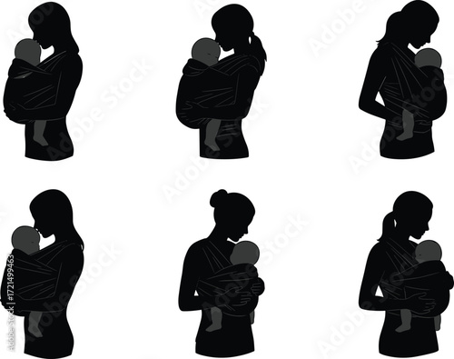 Silhouette of mother holding baby in carrier, parenting love, maternal care, motherhood, family bond, child safety, babywearing, nurturing, affection