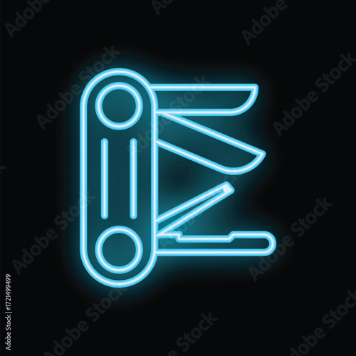 Blue neon style icon of a multi tool knife with scissors, pliers, and a saw on a black background