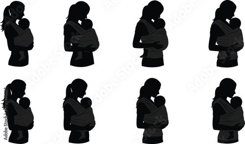 Silhouette of mother holding baby in sling carrier, family love, parenting care, nurturing motherhood, infant safety, affection, bonding, child