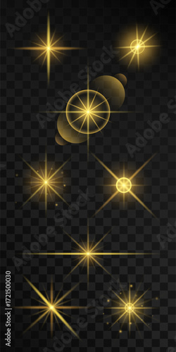 Set of light effects golden yellow shining light isolated on transparent background. Sun flare with rays and glare. Glow effect. Star burst with shimmering sparkles.