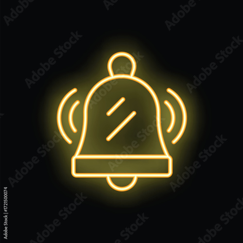 Yellow glowing neon bell icon ringing on a black background