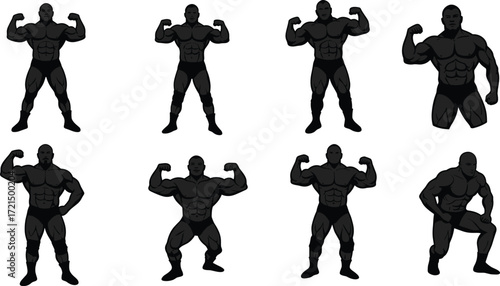 Strong muscular bodybuilders posing, fitness athletes flexing, wrestling men showing power, bodybuilding competition poses, gym workout strength, professional sports illustration