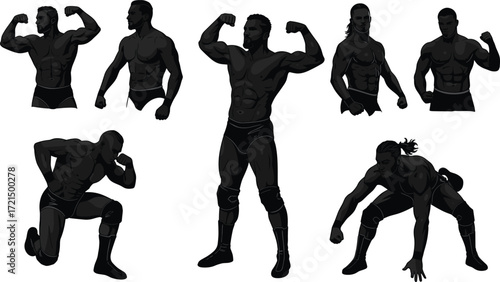 Strong muscular wrestlers flexing, bodybuilding athletes posing, fitness men training, wrestling fighters showing strength, powerful bodybuilder silhouettes, sports competition, gym workout