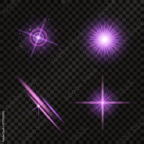 Set of light effects purple pink glowing light isolated on transparent background. Sun flare with rays and glare. Glow effect. Star burst with shimmering sparkles.