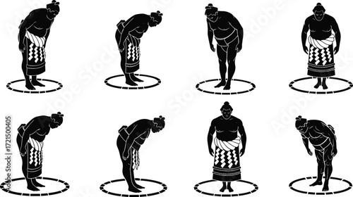 Sumo wrestler silhouettes bowing in traditional ring, Japanese martial art, sumo wrestling respect, cultural sports illustration, traditional sumo bowing ceremony