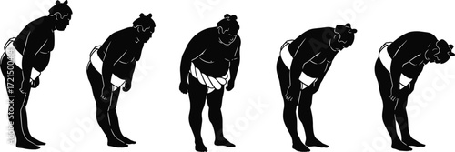 Sumo wrestler silhouettes bowing sequence, Japanese martial art respect, sumo wrestling tradition, cultural sports illustration, traditional bow ceremony in ring