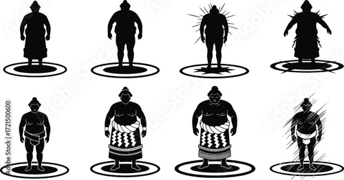 Sumo wrestler silhouettes illustration, Japanese martial arts culture, sumo ring fighter poses, traditional sumo wrestling icons, cultural sports design elements collection